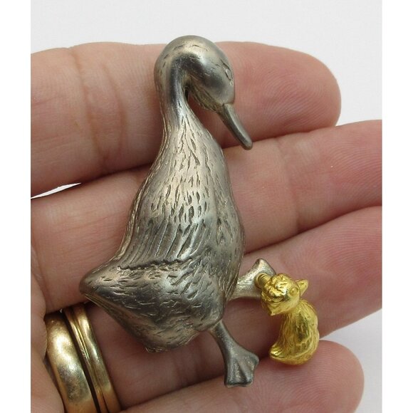 Vintage Pewter Mother Duck With Trembler Gold Tone Duckling Pin Brooch 2" - Picture 6 of 6